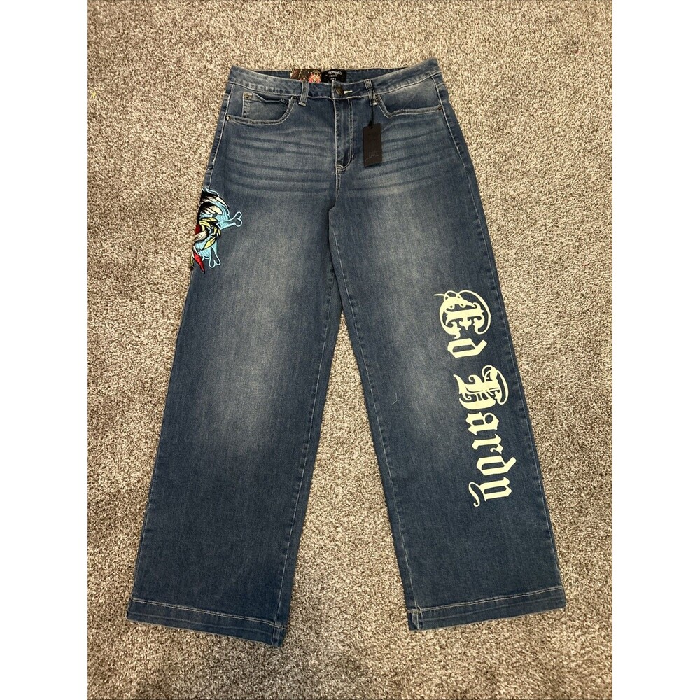 Ed Hardy Men's Blue Embroidered Eagle Tattoo Art Graphic Jeans 32x32 Y2K Vintage